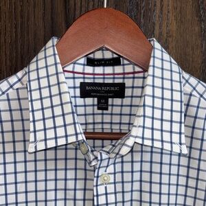 Banana Republic White & Navy Windowpane Slim Fit Dress Shirt | Performance